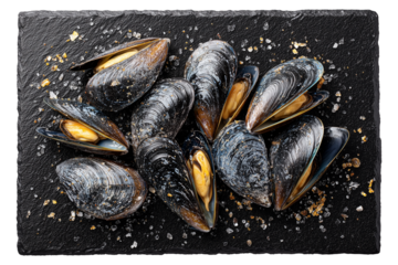 raw mussels arranged in natural cluster on sleek black rectangular board for refined seafood presentation