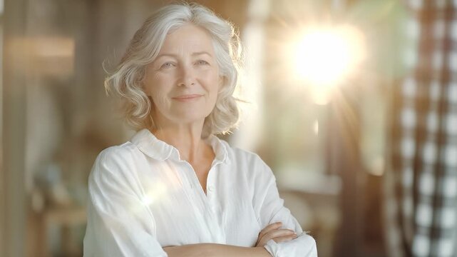 a woman in a white shirt standing confidently with her arms crossed. The warm background creates an inviting scene that complements the woman's composed demeanor