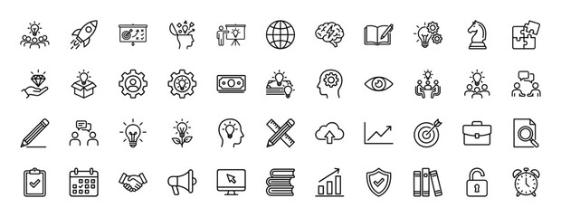 Business and startup line icon set. Vector pictograms of idea, teamwork, strategy, target, and success, thin linear illustration.