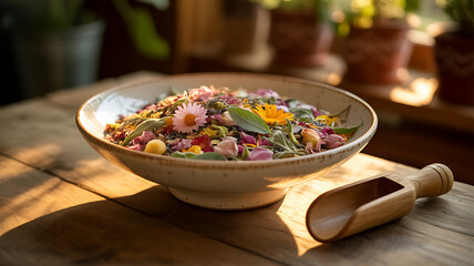 Rustic Bowl of Dried Flowers, Petals, and Herbs in Golden Sunlight for Natural Wellness