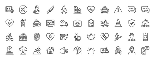 Emergency, protection, and security line icon set. Vector pictograms of police car, doctor, hospital, fire, and accident, thin linear illustration.