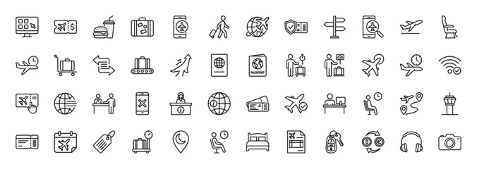 Travel and tourism line icon set. Vector pictograms of airplane, passport, ticket, luggage, and check-in desk, thin linear illustration.