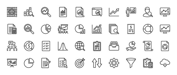 Fototapeta premium Business analytics and data reporting line icon set. Vector pictograms of charts, graphs, finance, and target, thin linear illustration.