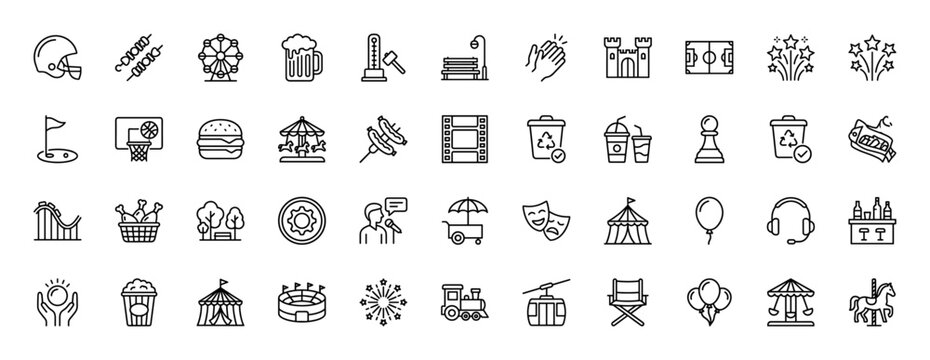 Entertainment and recreation line icon set. Vector pictograms of roller coaster, ferris wheel, popcorn, and castle, thin linear illustration.