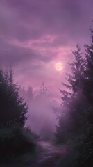 Enchanted forest with full moon casting ethereal glow on misty path