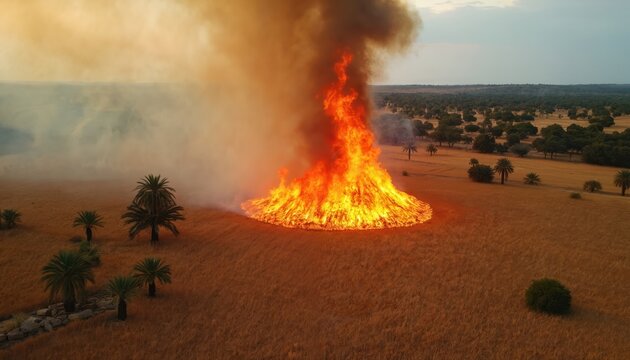 Huge fire burns dry grass field. Intense orange flames, thick black smoke rise into clear sky above rural landscape. Scattered palm trees dot horizon. Hot summer day blaze causes eco damage. Wildfire