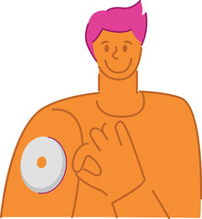 Vector illustration of a young man with type 1 diabetes, a character for an educational medical health resource, a sensor for measuring sugar, helping people