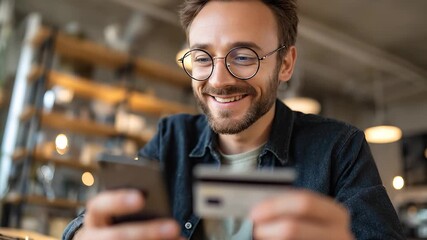 a young man sitting at a table, focused on his phone while holding a credit card in his other hand. This setting suggests a moment of online shopping from a cozy
