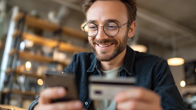 a young man sitting at a table, focused on his phone while holding a credit card in his other hand. This setting suggests a moment of online shopping from a cozy