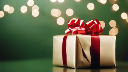 Gift of Joy: A beautifully wrapped gift, adorned with a festive red ribbon, sits gracefully. Perfect for conveying a sense of celebration. 