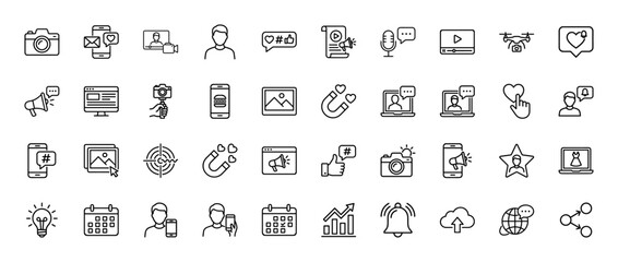 Social media marketing and digital promotion line icon set. Vector pictograms of megaphone, camera, smartphone, and calendar, thin linear illustration.