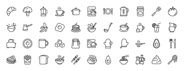 Food and kitchen line icon set. Vector pictograms of croissant, avocado, coffee maker, toaster, and utensils, thin linear illustration.