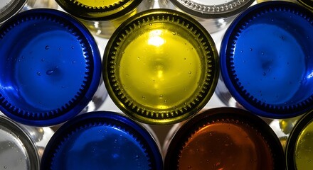 Colorful glass bottle bottoms arranged in a pattern creating an abstract design for backgrounds and creative projects