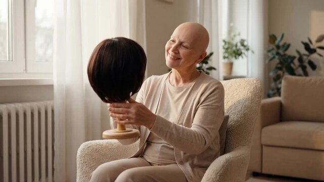 Bald woman with cancer gently contemplating her wig as she sits in a warm home environment.