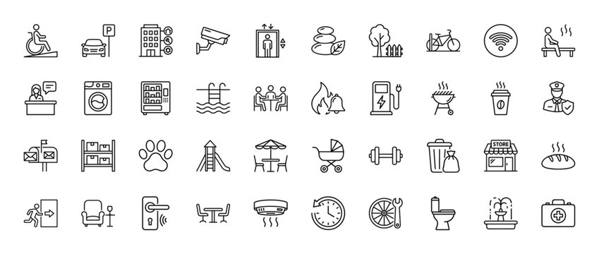 Amenities and services line icon set. Vector pictograms of hotel, car, bicycle, pool, store, fitness, and pet, thin linear illustration.