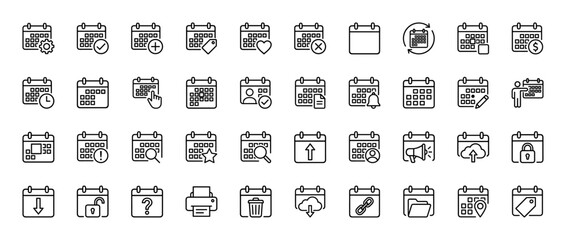 Planning and organization calendar line icon set. Vector pictograms of schedule, date, event, time, and appointment symbols, thin linear illustration.