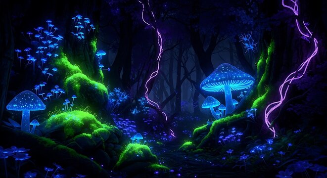 Glowing mushrooms in a dark forest fantasy illustration with bioluminescence magical nature concept
