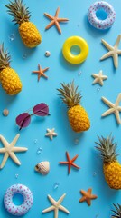 Vibrant summer vacation layout with pineapples and starfish on blue