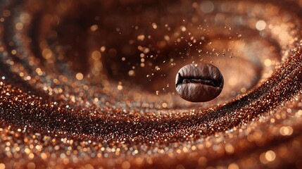 Elegant coffee bean floating in shimmering golden brown particles