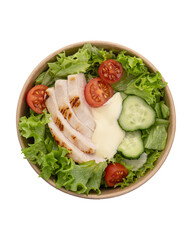 Salad with vegetables and chicken isolated on white background