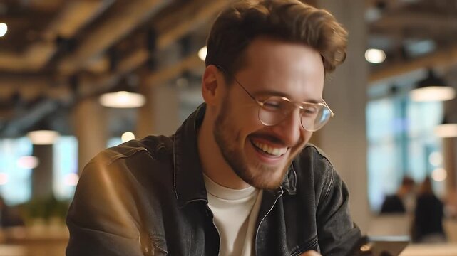 a young man sitting at a table, intent on his smartphone while casually dressed in a denim jacket. This scene creates a modern atmosphere in the lively caf&eacute;.