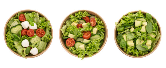 Different types of salad with vegetables isolated on white background