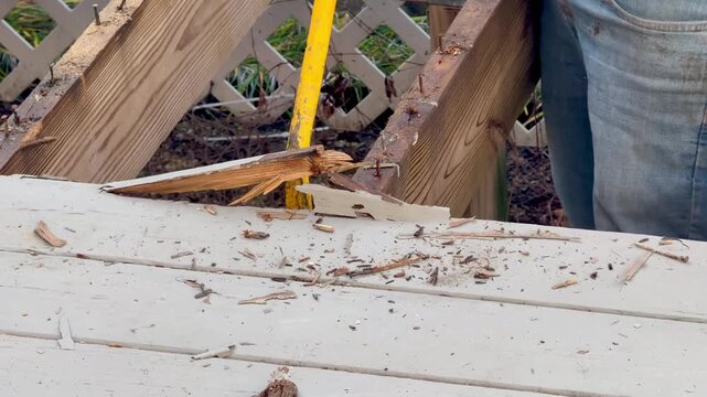 Workman prying old boards off of supporting joists