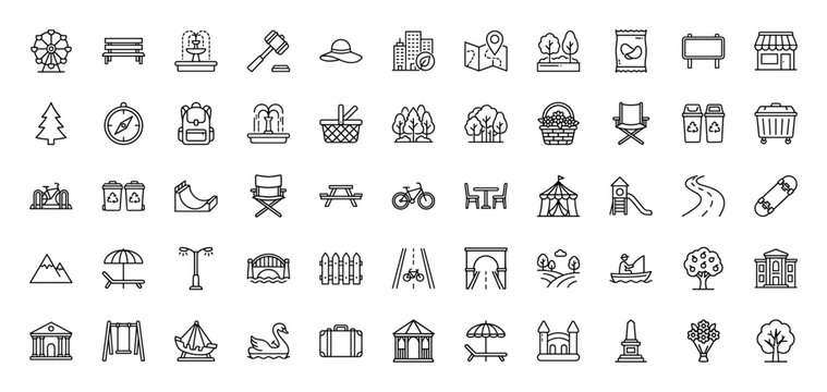 Park and outdoor recreation line icon set. Vector pictograms of map, swing, fountain, bench, and amusement ride, thin linear illustration.