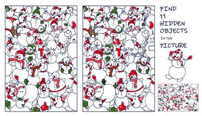 Find the differences in the picture. Crowd of Snowman. Find hidden objects. Winter puzzle game for kids. Sketch vector illustration
