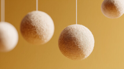 Hanging felt spheres on string against a yellow background for Newton Day  