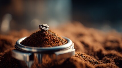 Fresh coffee bean rests atop rich, dark ground coffee in portafilter