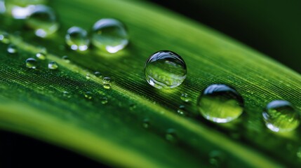Sparkling water droplets on a vibrant green leaf close up