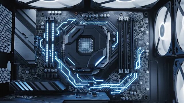 High Performance Gaming PC Interior with Blue RGB Lighting.