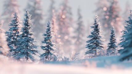 Winter wonderland scene with snow covered evergreen trees