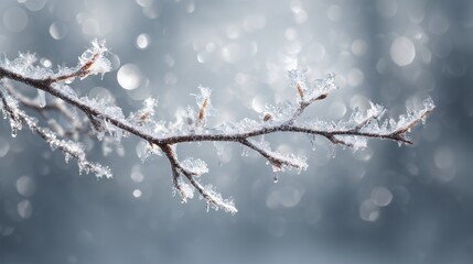 Frozen winter branch glistening with ice crystals in magical light