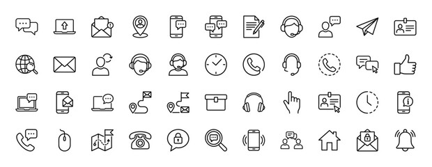 Customer service and communication line icon set. Vector pictograms of telephone, laptop, chat bubble, headset, and location pin, thin linear illustration.
