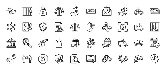 Fototapeta premium Law and justice line icon set. Vector pictograms of scales, gavel, handcuffs, police, and money, thin linear illustration.