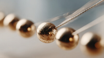 Closeup of Newton's Cradle with golden balls in motion  