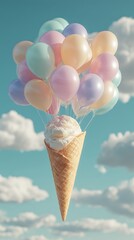 Dreamy ice cream cone floats away with pastel balloons in blue sky