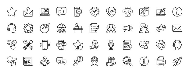 Customer service and support line icon set. Vector pictograms of headset, phone, email, chat, and rating, thin linear illustration.