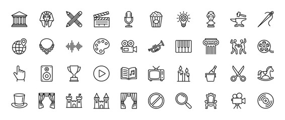 Arts and entertainment line icon set. Vector pictograms of cinema, music, performance, theater, and creative hobbies, thin linear illustration.