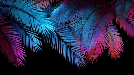 Stunning palm leaves glow against a dark background, vibrant tropics