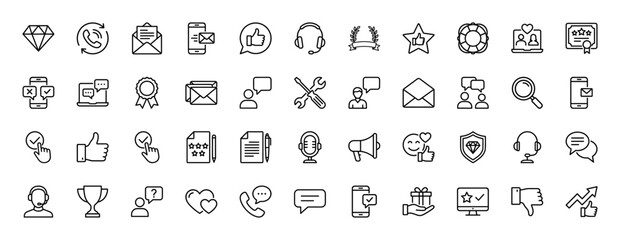 Customer service and feedback line icon set. Vector pictograms of telephone call, message envelope, rating stars, and headset, thin linear illustration.