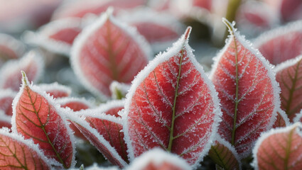 Vibrant autumn leaves covered with sparkling white frost on a cold winter morning 