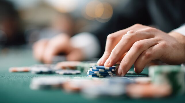 Close-up of hands stacking colorful poker chips on a green felt table in a casino, showcasing the excitement and strategy of gambling in a vibrant atmosphere