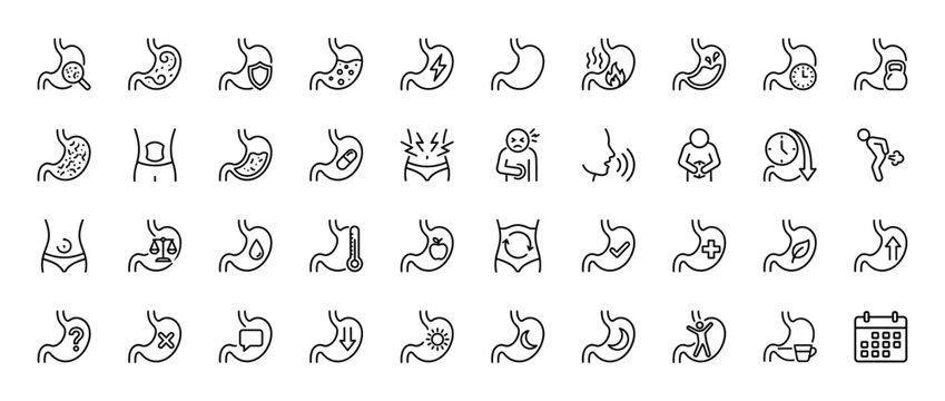 Medical gastroenterology line icon set. Vector pictograms of stomach pain, heartburn, acid reflux, and digestion health, thin linear illustration.