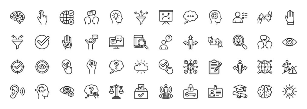 Decision making and problem-solving line icon set. Vector pictograms of brain, lightbulb, checklist, and arrow paths, thin linear illustration.