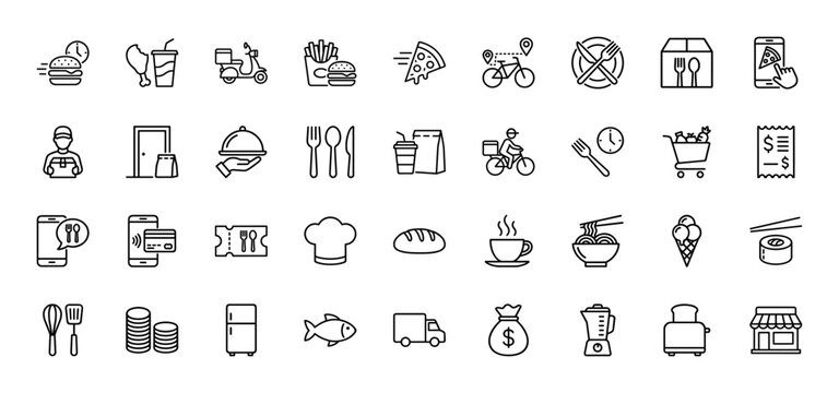 Food delivery and restaurant service line icon set. Vector pictograms of pizza, delivery man, food cart, and receipt, thin linear illustration.