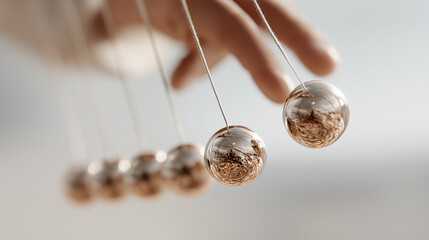 Hand pulling Newton's cradle with metallic balls in motion for Newton Day  