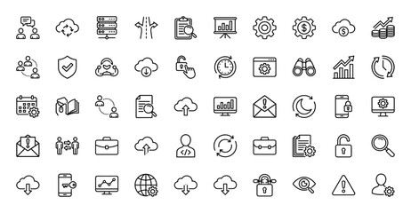 Technology and business line icon set. Vector pictograms of gear, cloud, chart, data, and security, thin linear illustration.